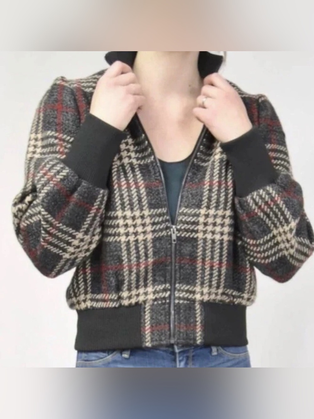 Express x Negin Mirsalehi Black, Cream & Red Plaid Zip Up Bomber Jacket. Size XS